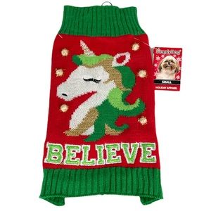 Simply Dog Unicorn Believe Dog Sweater, Red, Green, Small